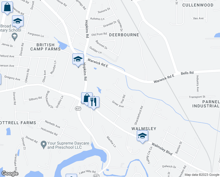 map of restaurants, bars, coffee shops, grocery stores, and more near 3720 Bonmark Drive in Richmond