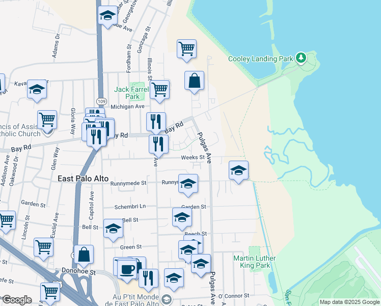 map of restaurants, bars, coffee shops, grocery stores, and more near 1058 Weeks Street in East Palo Alto