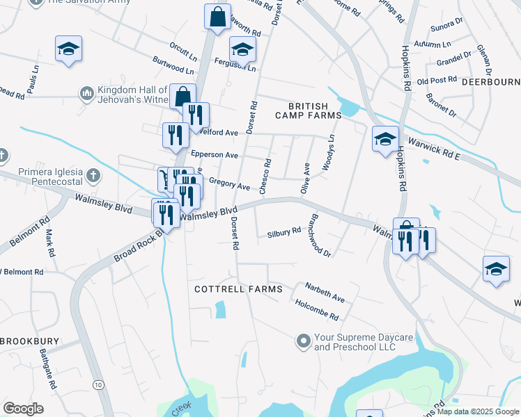 map of restaurants, bars, coffee shops, grocery stores, and more near 3501 Woodmere Drive in Richmond