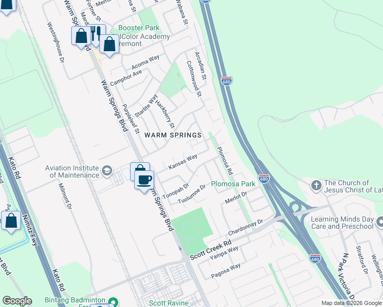 map of restaurants, bars, coffee shops, grocery stores, and more near 344 Kansas Way in Fremont