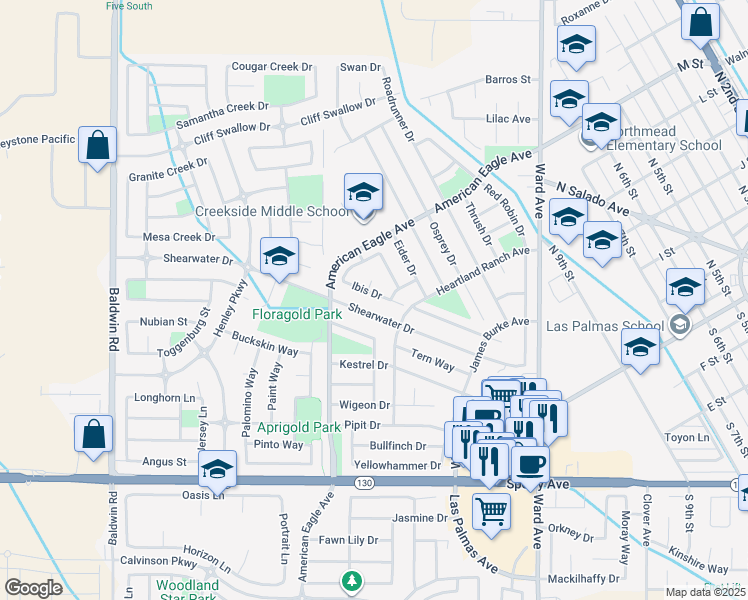 map of restaurants, bars, coffee shops, grocery stores, and more near 1209 Shearwater Drive in Patterson