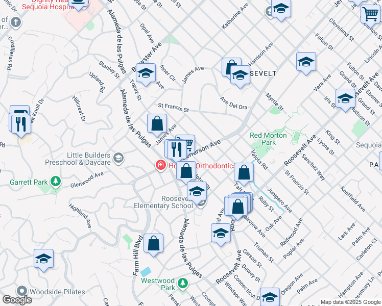 map of restaurants, bars, coffee shops, grocery stores, and more near 3025 Jefferson Avenue in Redwood City