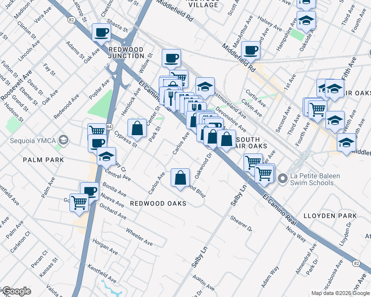 map of restaurants, bars, coffee shops, grocery stores, and more near 601 Leahy Street in Redwood City