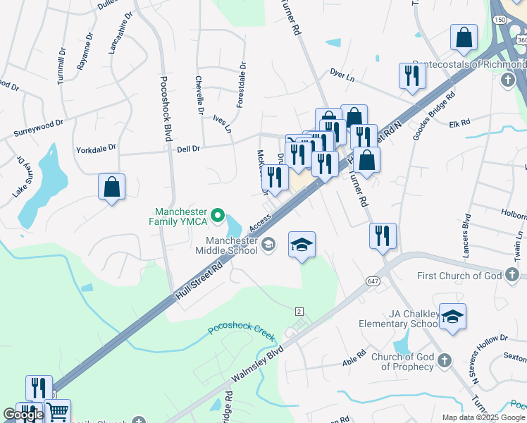 map of restaurants, bars, coffee shops, grocery stores, and more near 7410 Hull Street Road in Richmond