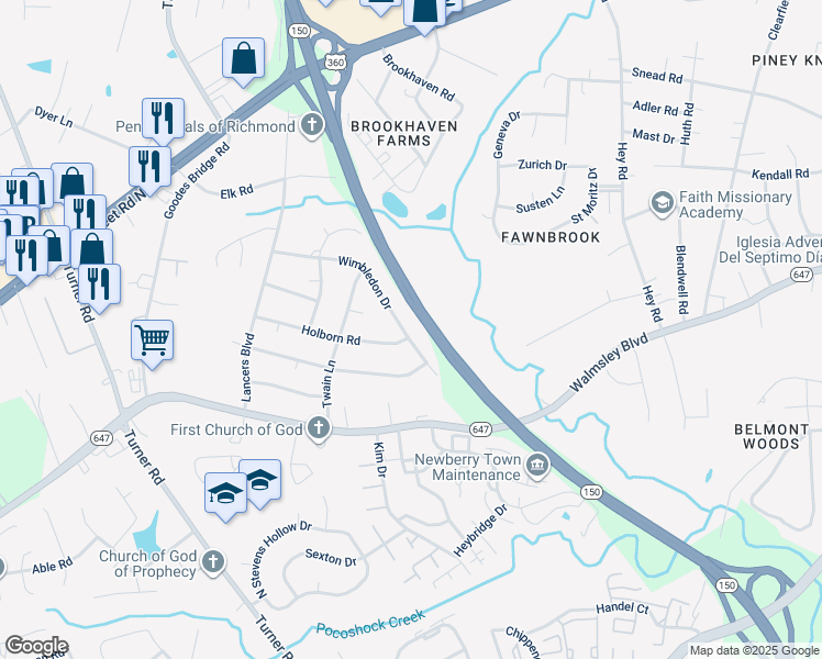map of restaurants, bars, coffee shops, grocery stores, and more near 6400 Wimbledon Drive in Richmond
