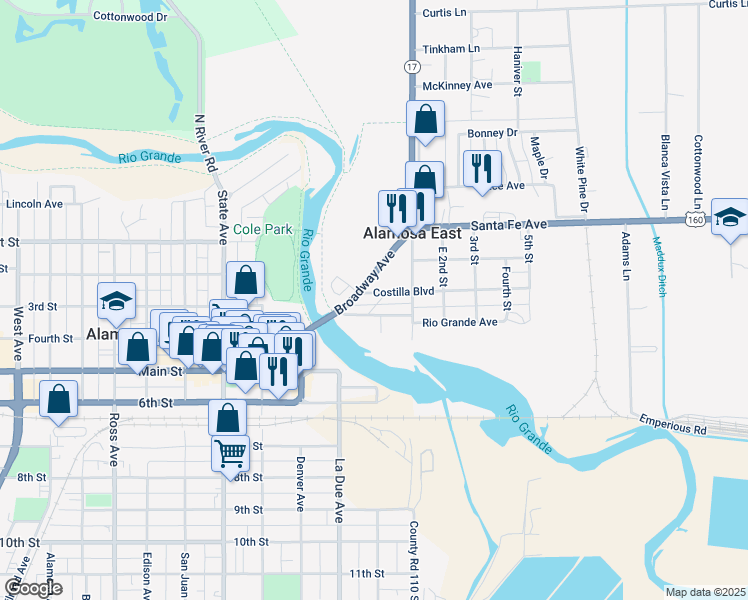 map of restaurants, bars, coffee shops, grocery stores, and more near 31 Conejos Avenue in Alamosa