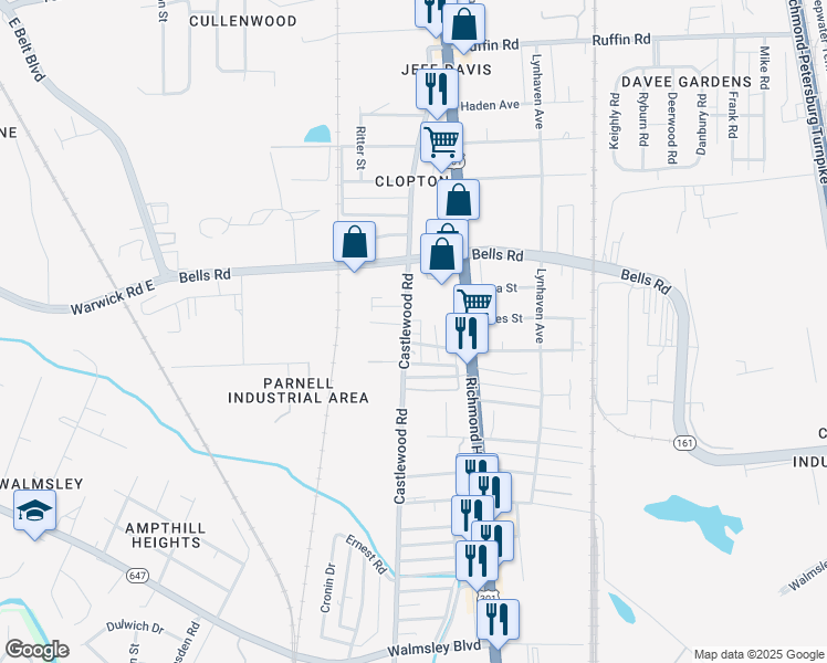 map of restaurants, bars, coffee shops, grocery stores, and more near 4101 Tyrone Street in Richmond