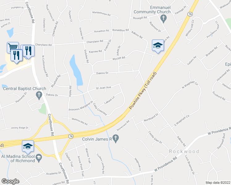 map of restaurants, bars, coffee shops, grocery stores, and more near 10112 Lakent Lane in Richmond