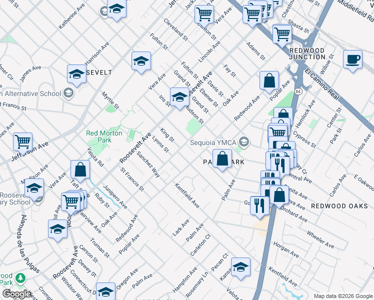 map of restaurants, bars, coffee shops, grocery stores, and more near 1220 Gordon Street in Redwood City