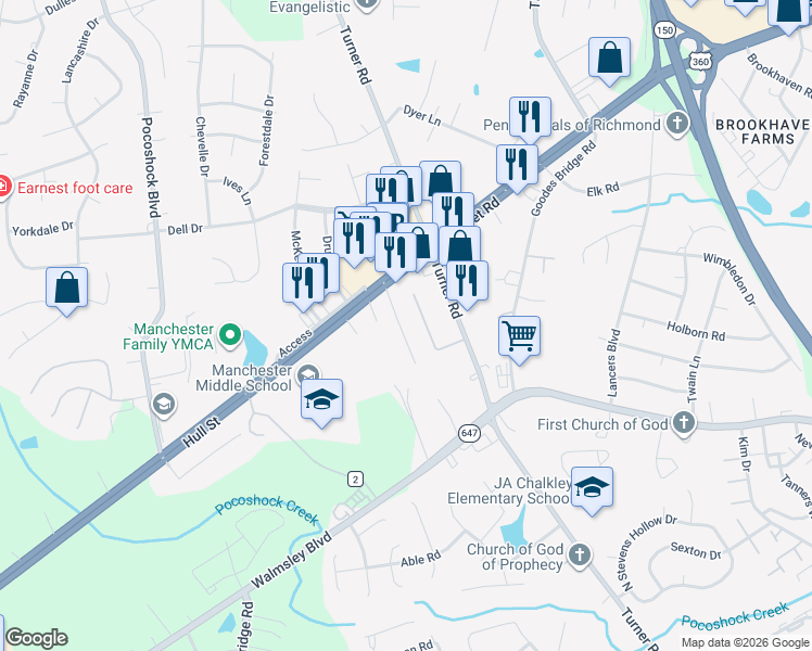 map of restaurants, bars, coffee shops, grocery stores, and more near 2601 Wayside Drive in Richmond