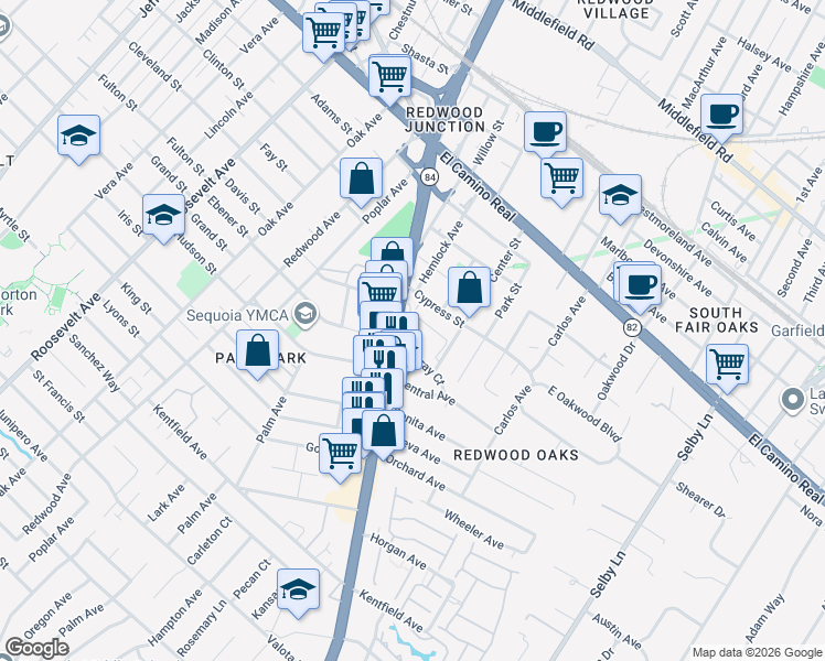 map of restaurants, bars, coffee shops, grocery stores, and more near 485 Woodside Road in Redwood City