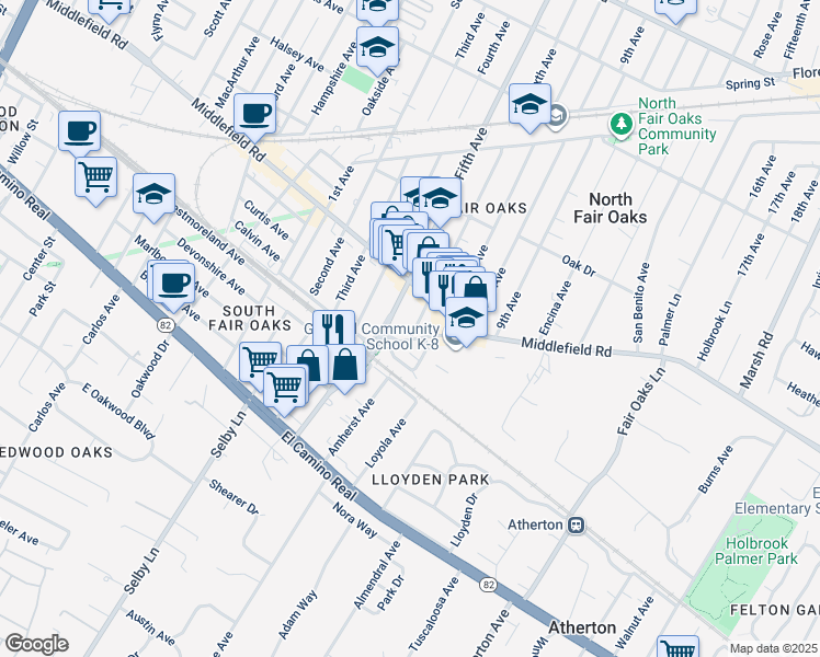map of restaurants, bars, coffee shops, grocery stores, and more near 313 Sixth Avenue in Menlo Park