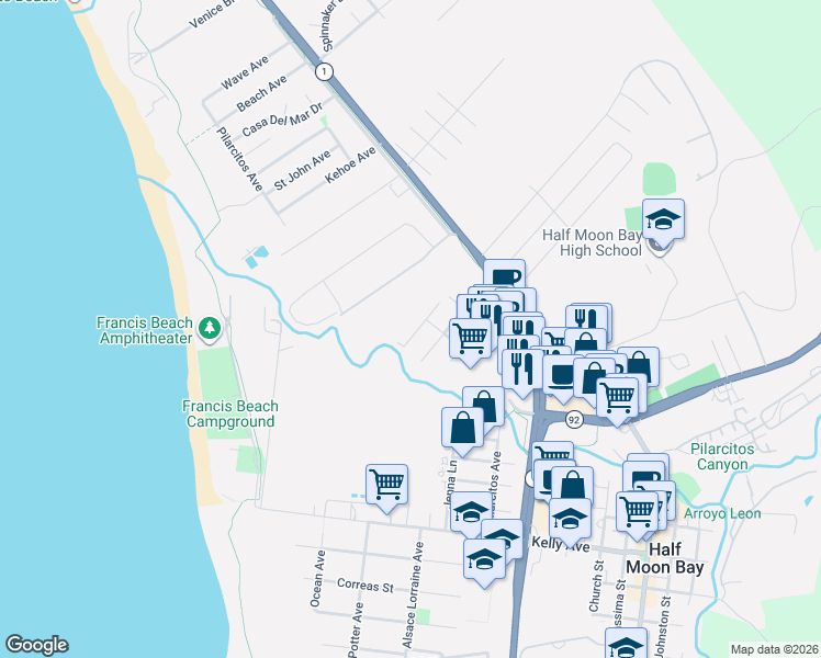map of restaurants, bars, coffee shops, grocery stores, and more near 336 Chesterfield Avenue in Half Moon Bay