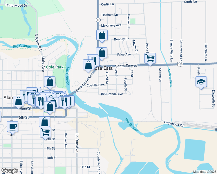 map of restaurants, bars, coffee shops, grocery stores, and more near 314 East 2nd Street in Alamosa