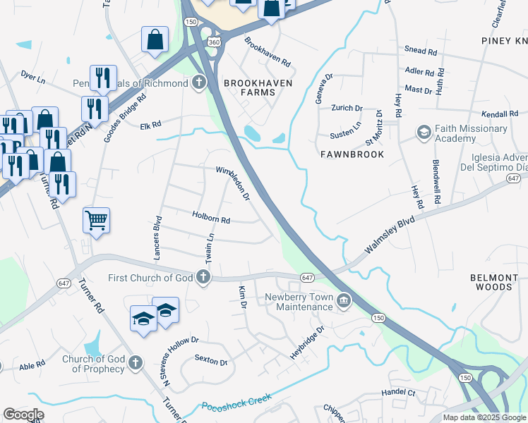 map of restaurants, bars, coffee shops, grocery stores, and more near 6400 Wimbledon Drive in Richmond