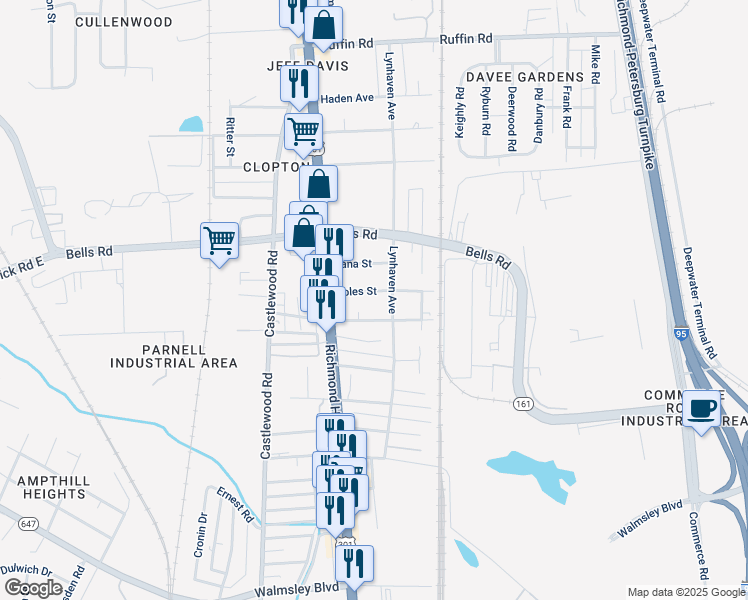map of restaurants, bars, coffee shops, grocery stores, and more near 2515 Courtland Street in Richmond