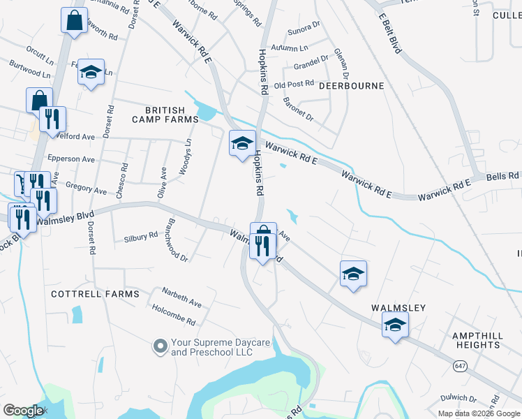 map of restaurants, bars, coffee shops, grocery stores, and more near 3600 Hopkins Road in Richmond