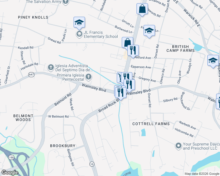 map of restaurants, bars, coffee shops, grocery stores, and more near 4838 Walmsley Boulevard in Richmond