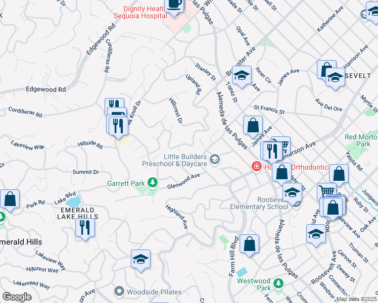 map of restaurants, bars, coffee shops, grocery stores, and more near 735 Upland Road in Redwood City
