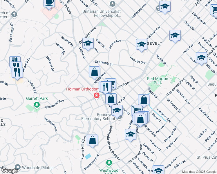 map of restaurants, bars, coffee shops, grocery stores, and more near 542 Topaz Street in Redwood City