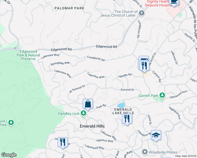 map of restaurants, bars, coffee shops, grocery stores, and more near 434 Lakeview Way in Emerald Hills