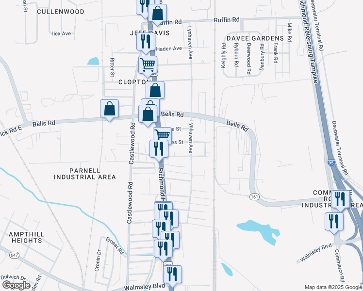 map of restaurants, bars, coffee shops, grocery stores, and more near 2508 Coles Street in Richmond