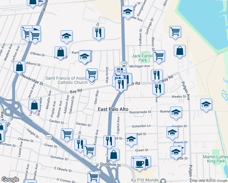 map of restaurants, bars, coffee shops, grocery stores, and more near 579 Weeks Street in East Palo Alto