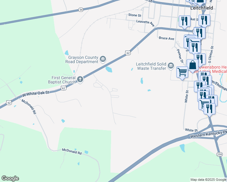 map of restaurants, bars, coffee shops, grocery stores, and more near Patty Place Way in Leitchfield
