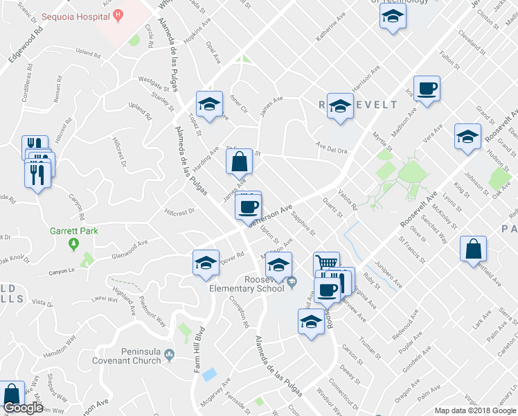 map of restaurants, bars, coffee shops, grocery stores, and more near 542 Topaz Street in Redwood City
