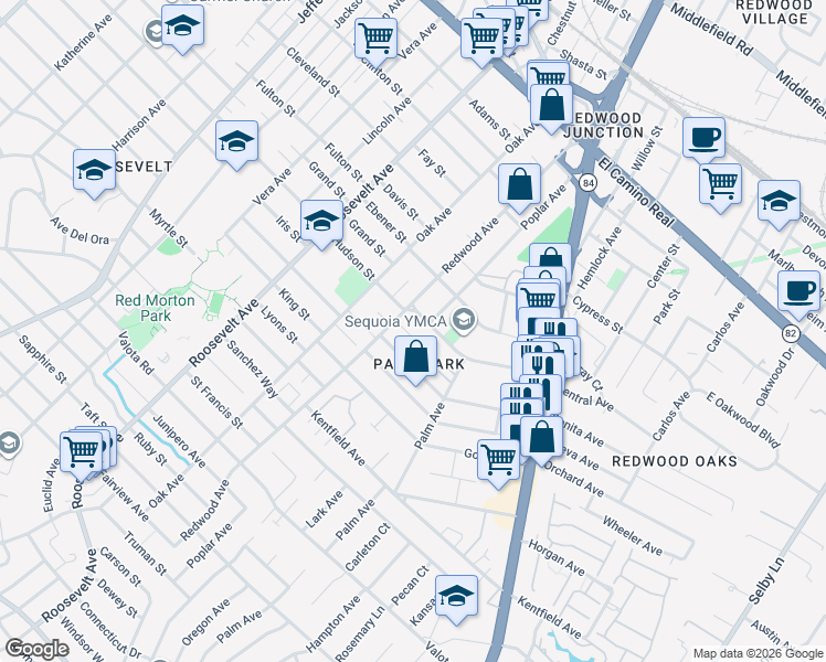 map of restaurants, bars, coffee shops, grocery stores, and more near 1331 Norman Street in Redwood City