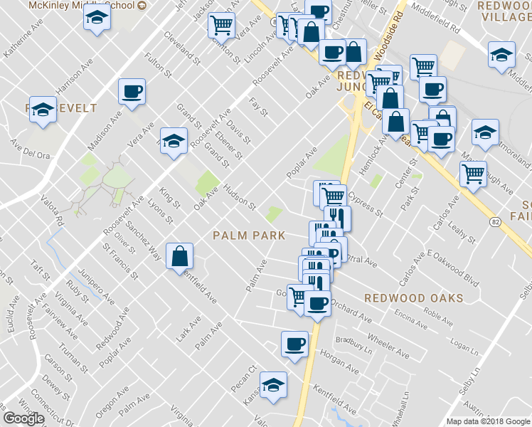 map of restaurants, bars, coffee shops, grocery stores, and more near 1403 Hudson Street in Redwood City