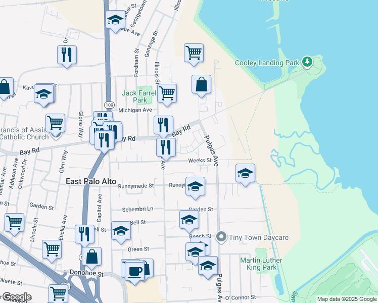 map of restaurants, bars, coffee shops, grocery stores, and more near 850 Maple Place in East Palo Alto