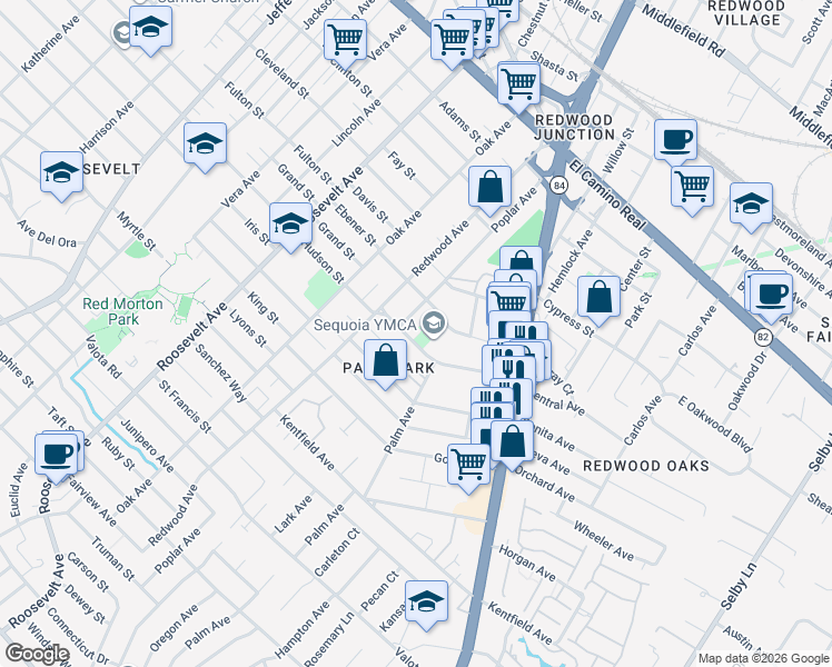 map of restaurants, bars, coffee shops, grocery stores, and more near 1403 Hudson Street in Redwood City