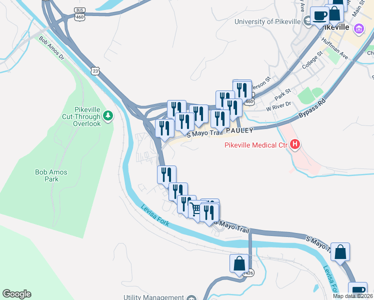 map of restaurants, bars, coffee shops, grocery stores, and more near 213 S Mayo Trail in Pikeville