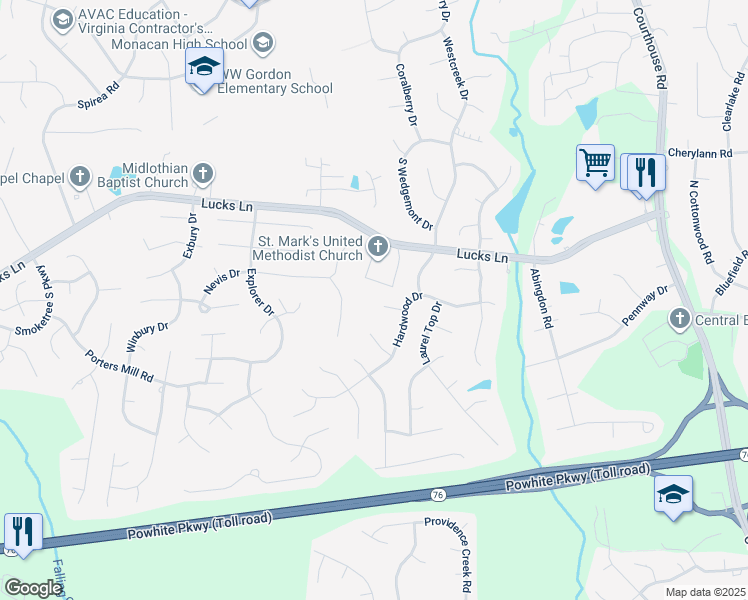 map of restaurants, bars, coffee shops, grocery stores, and more near 11614 Stetson Court in Midlothian