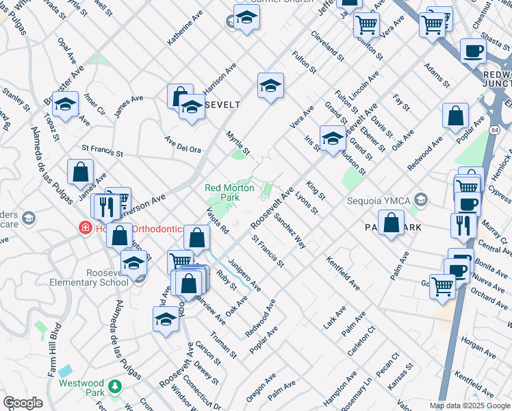 map of restaurants, bars, coffee shops, grocery stores, and more near 1400 Roosevelt Avenue in Redwood City