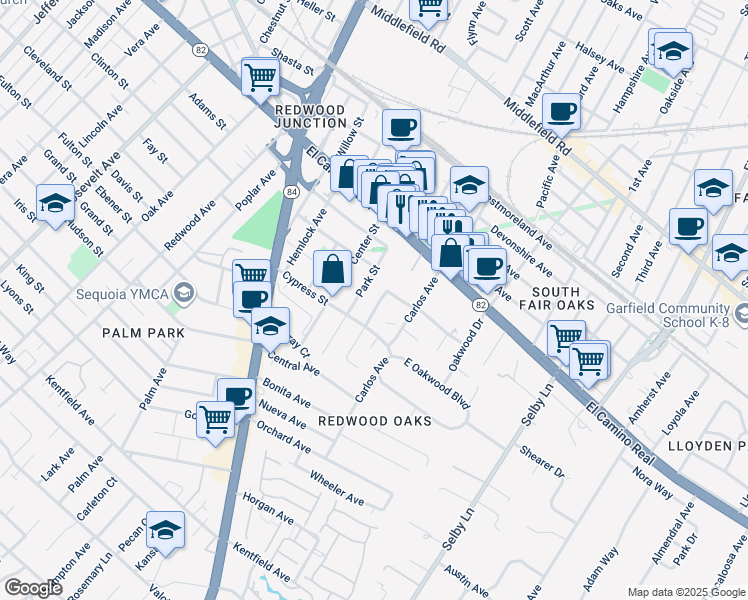 map of restaurants, bars, coffee shops, grocery stores, and more near 223 Park Street in Redwood City