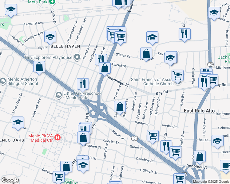 map of restaurants, bars, coffee shops, grocery stores, and more near 1133 Jervis Avenue in East Palo Alto