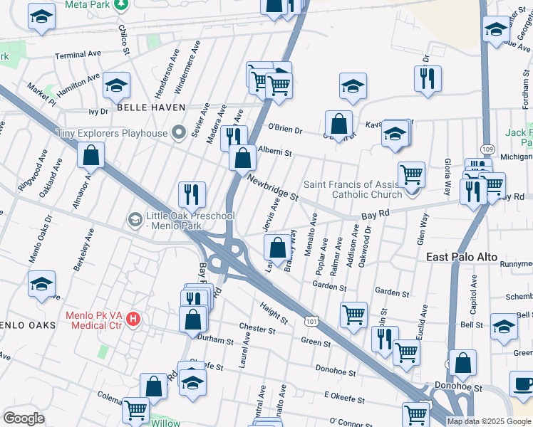 map of restaurants, bars, coffee shops, grocery stores, and more near 1133 Jervis Avenue in East Palo Alto