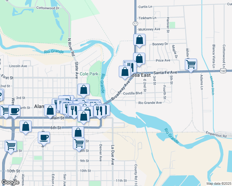 map of restaurants, bars, coffee shops, grocery stores, and more near 261 Broadway Avenue in Alamosa