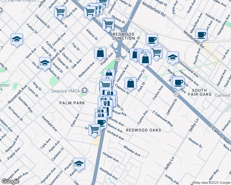 map of restaurants, bars, coffee shops, grocery stores, and more near 483 Woodside Road in Redwood City