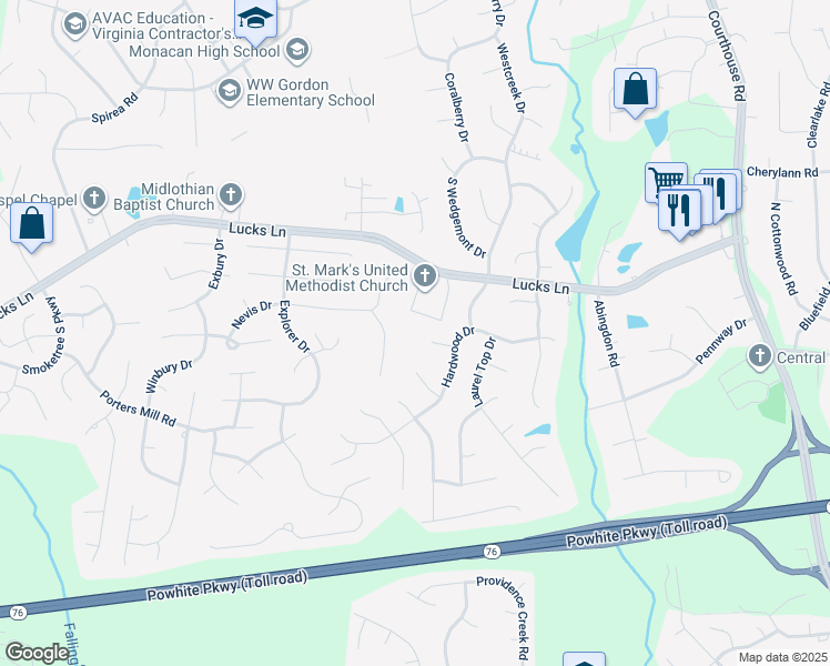 map of restaurants, bars, coffee shops, grocery stores, and more near 11614 Stetson Court in Midlothian