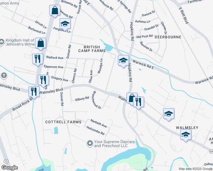 map of restaurants, bars, coffee shops, grocery stores, and more near 3550 Clydewood Ave in Richmond