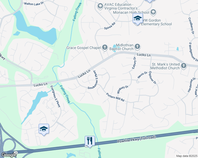 map of restaurants, bars, coffee shops, grocery stores, and more near 1402 Lockett Ridge Court in Midlothian