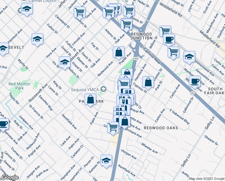 map of restaurants, bars, coffee shops, grocery stores, and more near 1445 Ebener Street in Redwood City