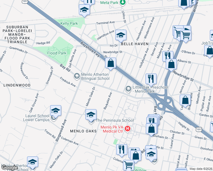 map of restaurants, bars, coffee shops, grocery stores, and more near 1003 Almanor Avenue in Menlo Park
