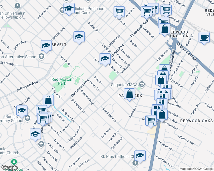 map of restaurants, bars, coffee shops, grocery stores, and more near 1194 Johnson Street in Redwood City