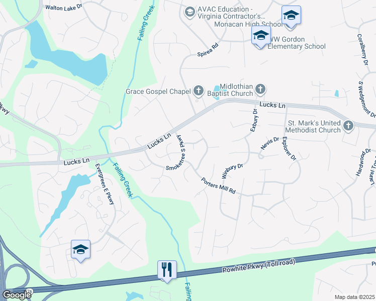 map of restaurants, bars, coffee shops, grocery stores, and more near 1402 Lockett Ridge Court in Midlothian