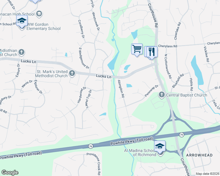 map of restaurants, bars, coffee shops, grocery stores, and more near 11302 Hardwood Drive in Midlothian