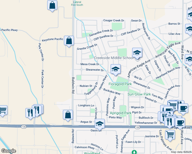 map of restaurants, bars, coffee shops, grocery stores, and more near 1404 Mendocino Creek Drive in Patterson
